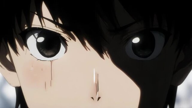 A dramatic extreme close-up capturing the exact moment of an anime boy's sudden realization or epiphany. Widening eyes and a sharp gasp create a powerful, suspenseful scene.