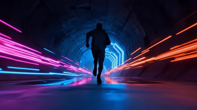 Silhouette of a man running fast through a futuristic tunnel with neon light trails - Powered by Adobe