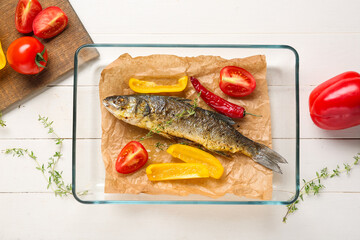 Baking dish with delicious cooked seabass fish, tomatoes, thyme and peppers on white wooden background