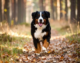 Happy dog running in autumn forest