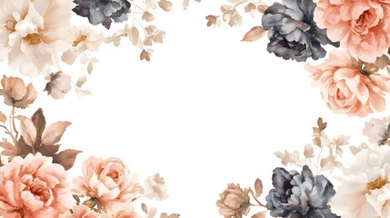 Delicate watercolor floral border with soft peach and grey blooms.