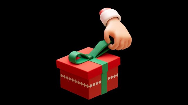 Animated hand unties a green ribbon on a red gift box with white zig-zag patterns. Christmas, holiday, surprise