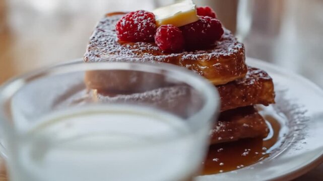 Delicious french toast stacked with berries and powdered sugar