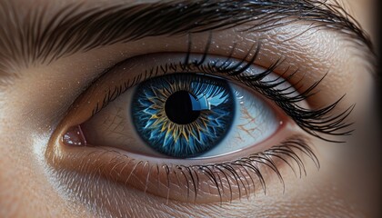 Fototapeta premium Striking closeup of a blue eye with a golden halo effect around the pupil