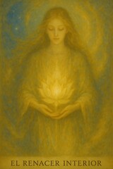 Hands cradle a tender flame at the heart center, golden glow suggesting healing love and inner warmth — Manos que acunan una llama sutil en el centro del corazón, resplandor dorado que sugiere amor sa