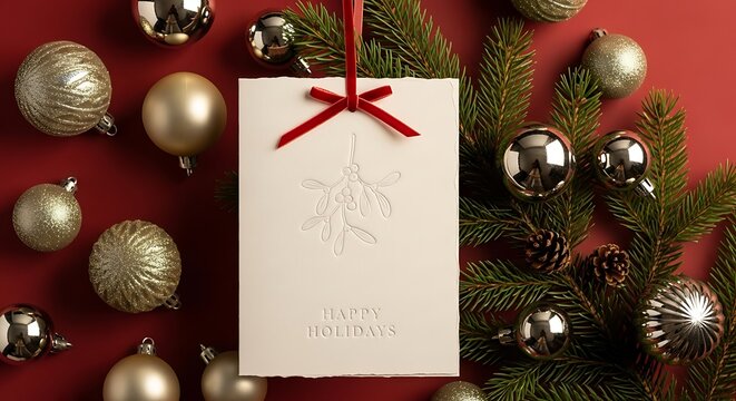 A festive holiday card with a mistletoe design and 'Happy Holidays' text, surrounded by Christmas ornaments and pine branches. - Powered by Adobe