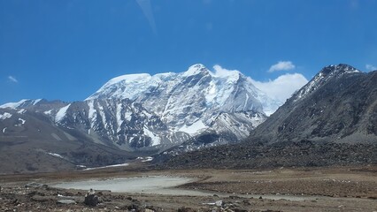 Majestic Snow-Covered Mountain Peak near Gurudongmar Lake, North Sikkim, India