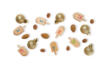 Dreidels and gold ornaments on white, isolated, PNG
