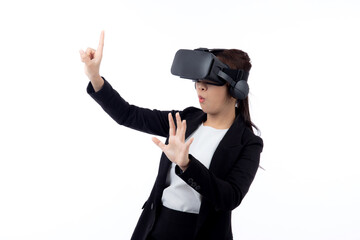 Portrait young asian businesswoman wearing headset virtual reality for device with experience and entertainment with interactive isolated white background, simulation and innovation with business.