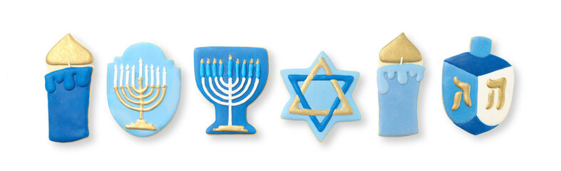 Variety of Hanukkah cookies in blue and gold colors, isolated, PNG
