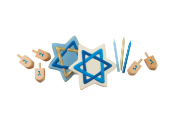 Star-shaped cookies, dreidels, and candles, isolated, PNG