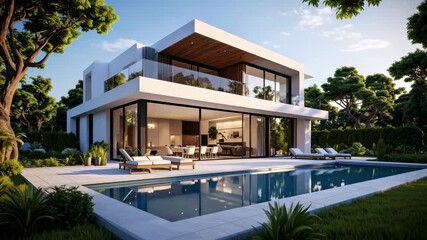 Contemporary white two-story house with swimming pool, patio furniture, and lush green landscaping against a blue sky background - Powered by Adobe