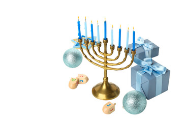 Menorah with blue candles, gifts, and ornaments, isolated, PNG