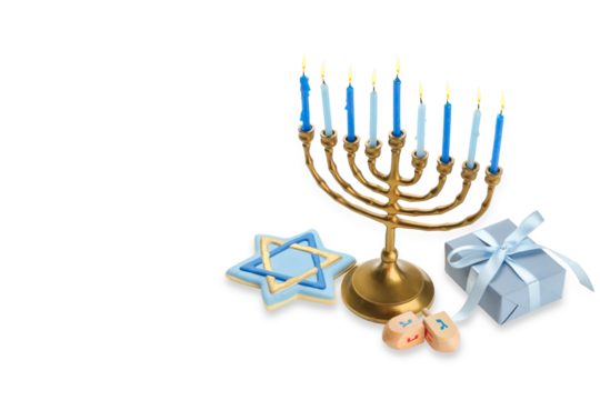 Menorah with blue and white candles alongside dreidels, isolated, PNG