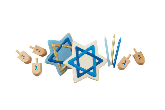 hanukkah cookies, dreidels, candles, blue and gold clip art preview