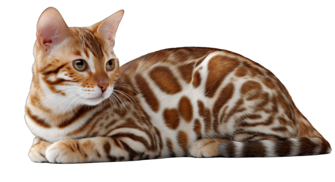 A Bengal cat with a striking spotted and striped coat is lying down, showcasing its elegant and unique appearance.
