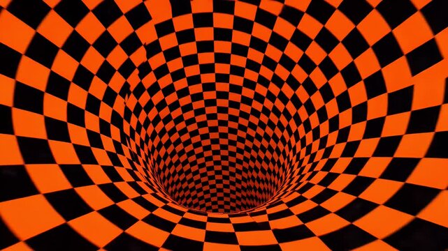 An abstract 3D tunnel or wormhole with an orange and black checkerboard optical illusion pattern