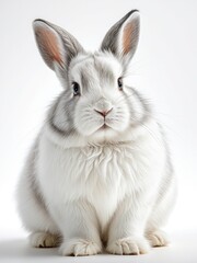 Fototapeta premium Fluffy bunny rabbit with grey and white fur, upright sitting pose