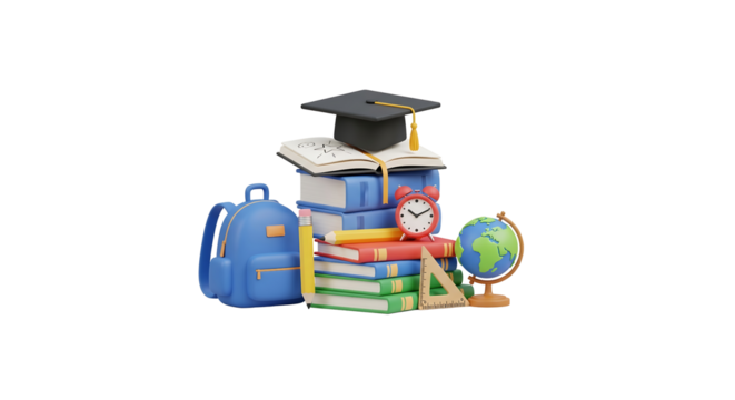 Back to school with books backpack and learning materials concept