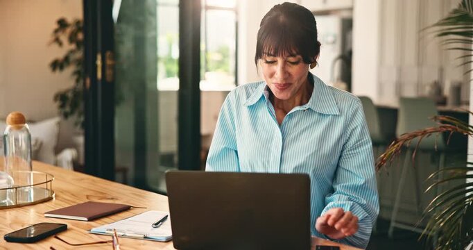 Woman, laptop and reading credit card at house for online shopping, digital banking and payment. Excited, mature person and pc for financial freedom, ecommerce sales and purchase discount in lounge