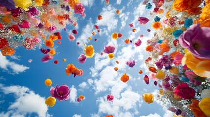 Colorful flowers ascend against a bright blue sky with clouds.