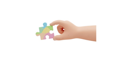 Cartoon hand holding a colorful puzzle piece isolated on black background