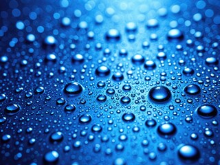 Shiny, clear water droplets on a surface, with a cool blue hue. Close-up shot