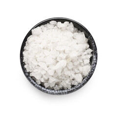 Bowl of sea salt on white background
