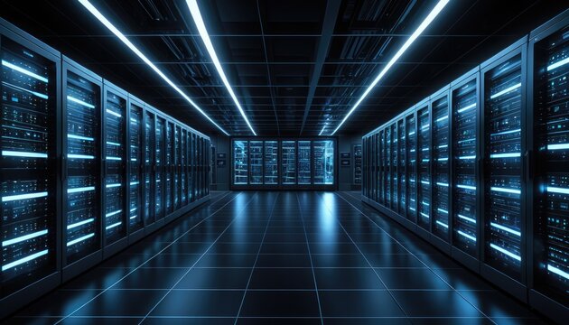 Futuristic server room with glowing lights, rows of computers, and digital displays