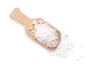 Wooden scoop with sea salt on white background