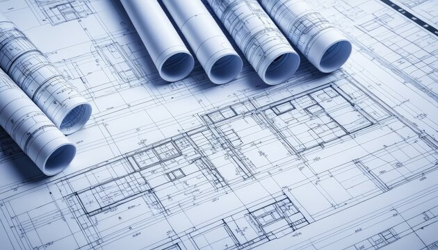 Architectural blueprints with rolled documents. Complex designs & drawings, detailed view