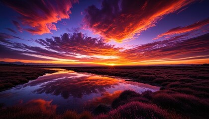 Fototapeta premium Stunning sunset painting, fiery clouds reflecting in calm water