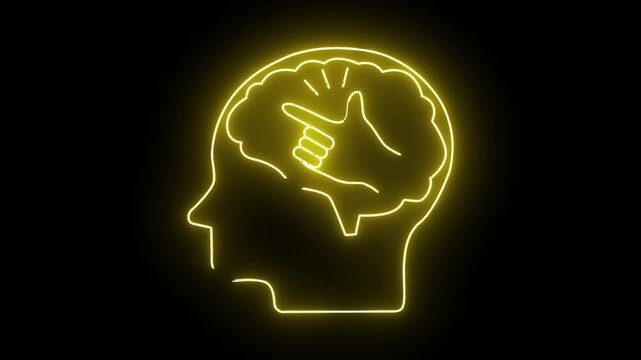 Glowing neon head outline with a hand pinching the brain within