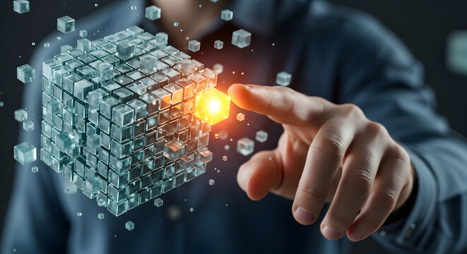 Modern digital transformation concept with glowing data cube touched
