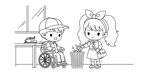 Chibi Kids Learning to Throw Trash in Bin Outline