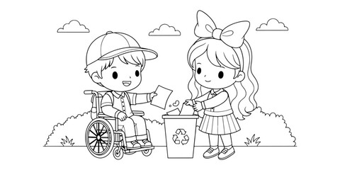 Chibi Kids Throwing Trash Properly Coloring Page