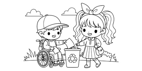 Cute Kids Keeping Playground Clean Coloring Page