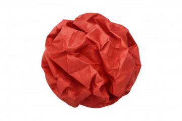 Crumpled red paper ball creating round wrinkled texture, representing frustration, waste, or discarding an idea on a transparent background