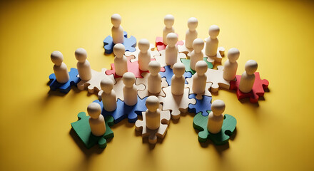 Teamwork solution concept with vibrant puzzle pieces and wooden figures