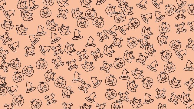 
Seamless Halloween pattern with pumpkins, bats, skulls, and witch hats on an orange background. Perfect for spooky decorations, party design, wrapping paper, or seasonal illustration projects.