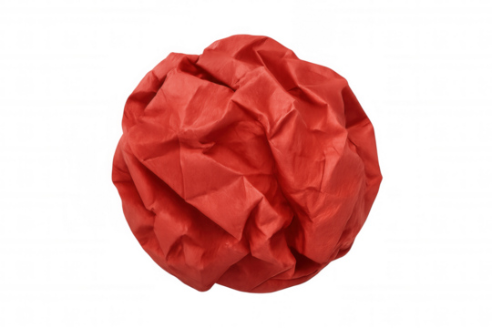 Crumpled red paper ball creating round wrinkled texture, representing frustration, waste, or discarding an idea on a transparent background