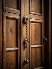 Close-up of wooden door with keys hanging, hinting at entrance, security, in neutral background
