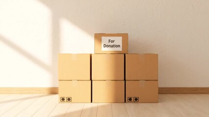 Cardboard boxes labeled for donation stacked on a wooden floor in a sunlit room. A concept of charity, community support, and decluttering