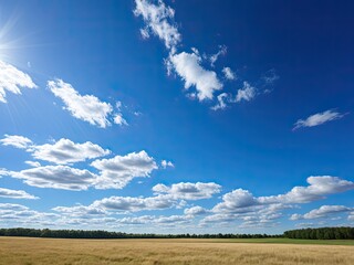 Obraz premium Bright sun shines over field, blue sky dotted with fluffy white clouds