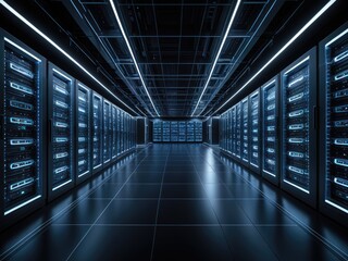 Fototapeta premium Data center with server racks, blue lighting, and a futuristic look