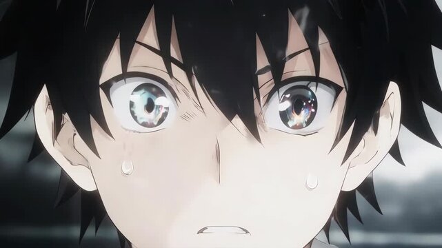 A dramatic extreme close-up capturing the exact moment of an anime boy's sudden realization or epiphany. Widening eyes and a sharp gasp create a powerful, suspenseful scene.