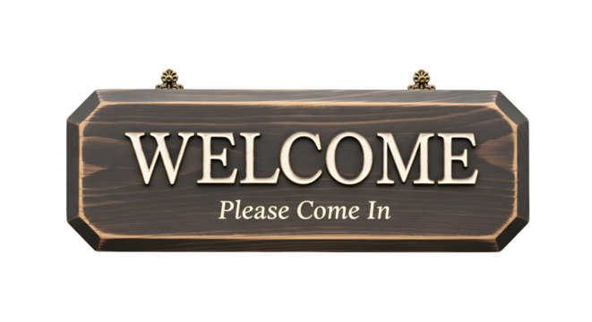 Rustic wooden welcome sign with please come in message, isolated on transparent background inviting entrance decor for home or business, warm hospitality