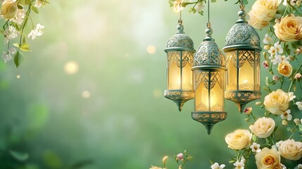 Ornate lanterns glow among blooming roses in soft garden light.
