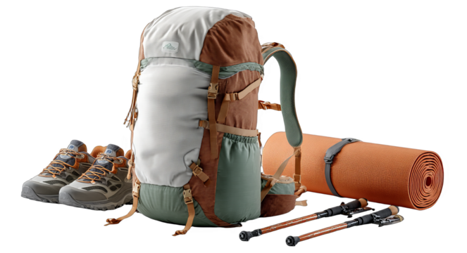 Set of hiking gear including backpack, shoes, mat, and poles for outdoor adventures.