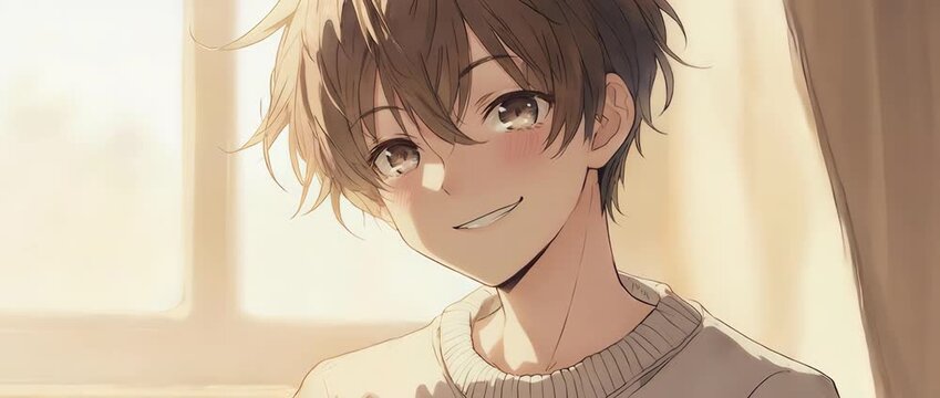 A close-up of an anime boy offering a warm and comforting smile. His gentle, reassuring expression and soft lighting create a feeling of safety, trust, and friendship.